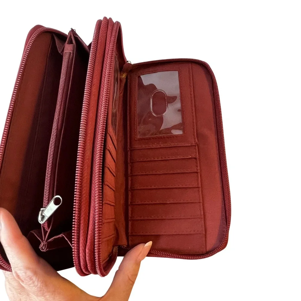 Etienne Aigner Red Leather Zip Around Organizer Wallet Clutch Gold Hardware